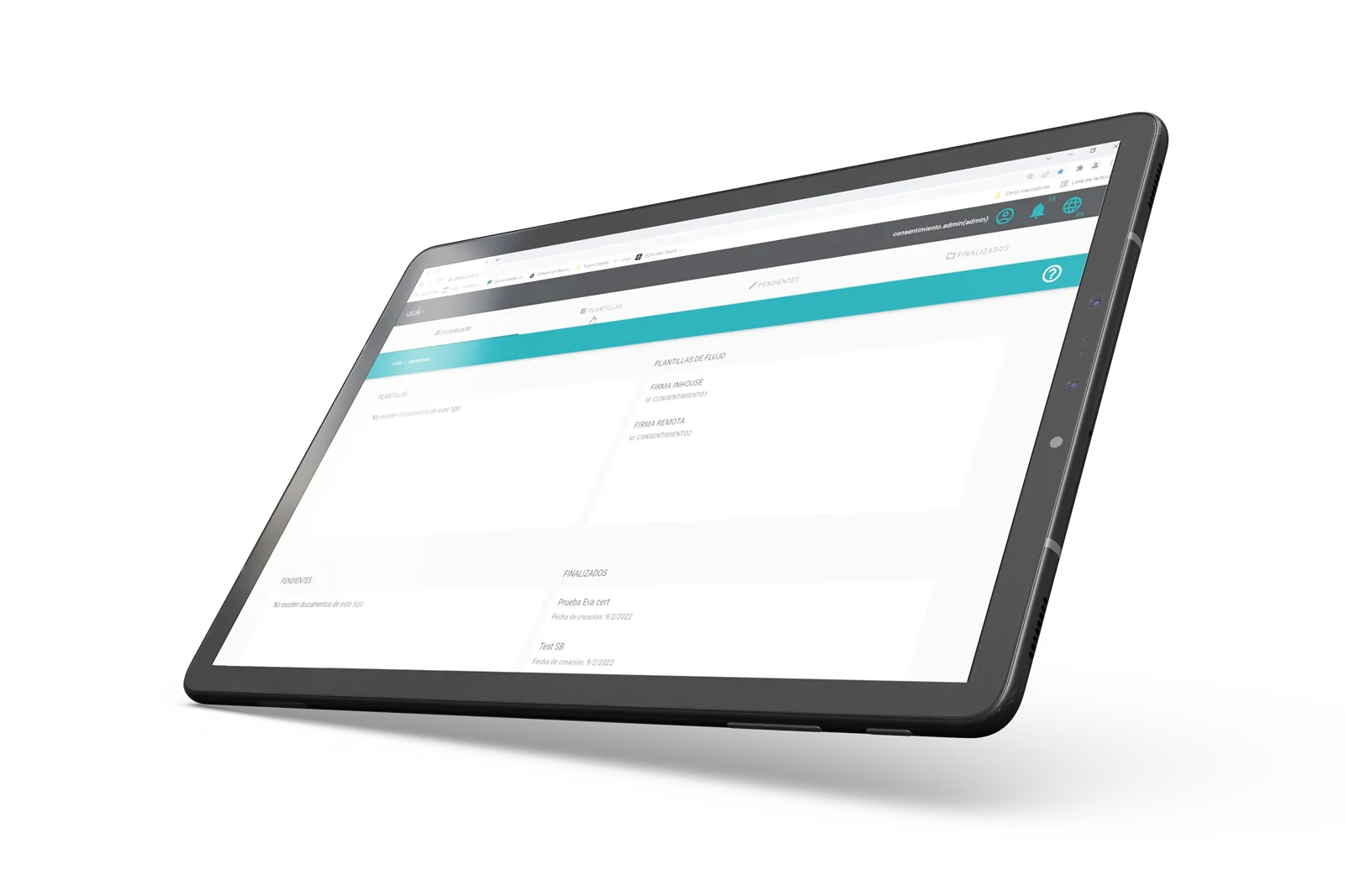Panel de gestión de plantillas y documentos en una tablet